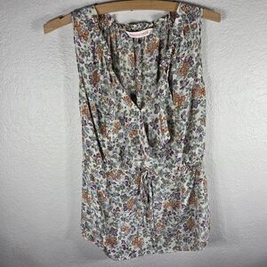 Rebecca Taylor Silk Floral Ruffle Sleveless Top Blouse Size 4 V-Neck Drawstring